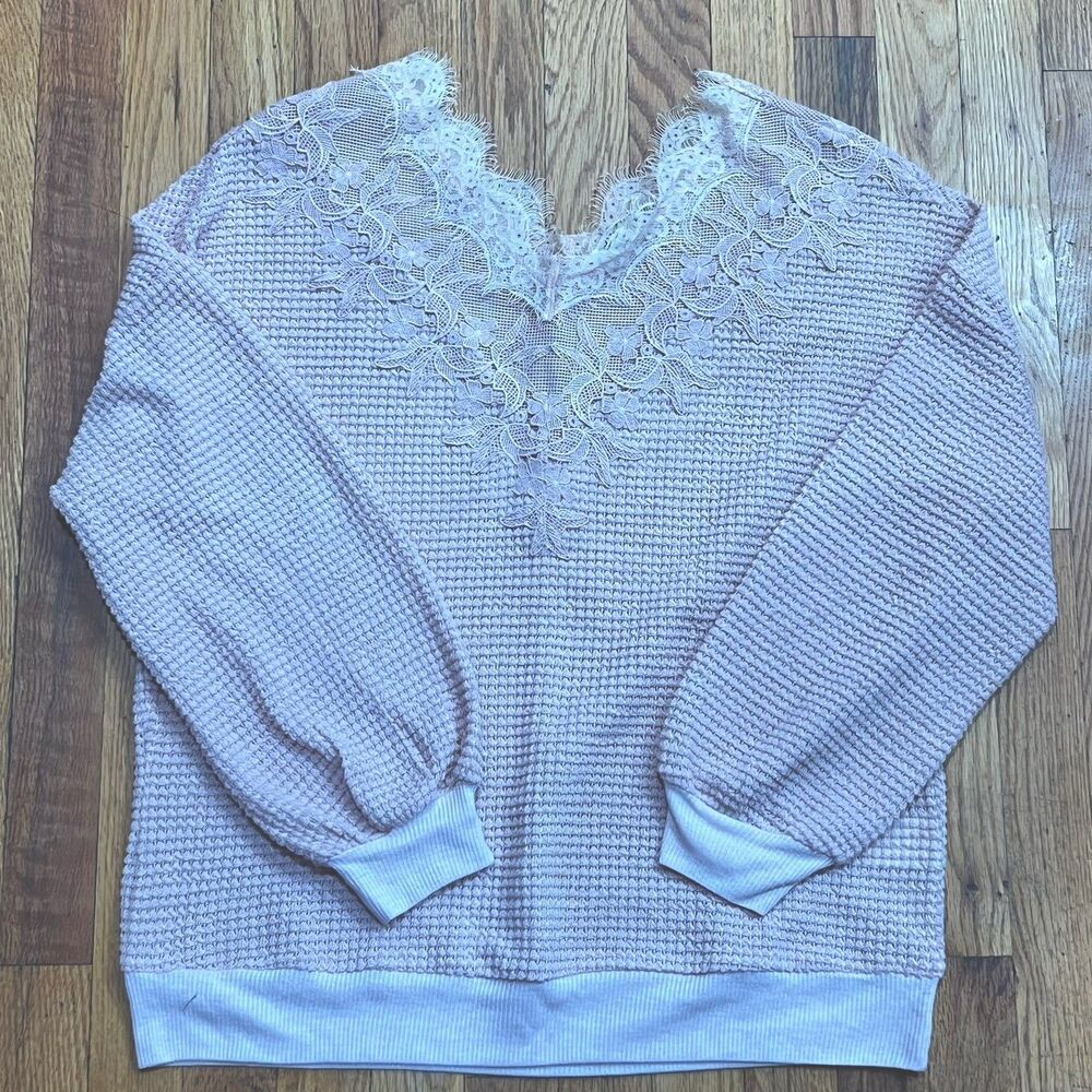 Listicle Pink waffle Knit Thermal Sweater Lace